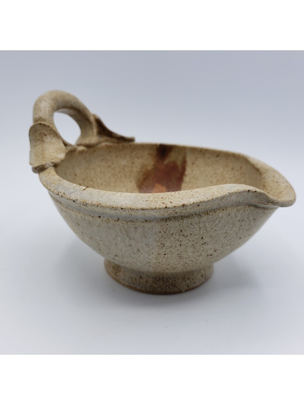 Art Pottery Stoneware Batter Bowl Artist Signed Applied Handle Hand Made